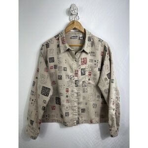 Chico's Jacket All‎ Over Asian Print Artsy Women Size 3 XL Beige Faux Suede